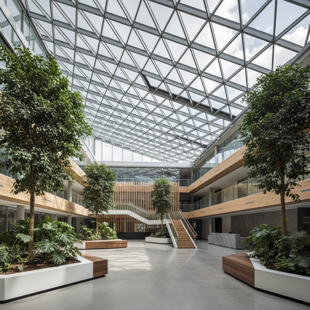 Commercial rooflights in a bright modern building interior