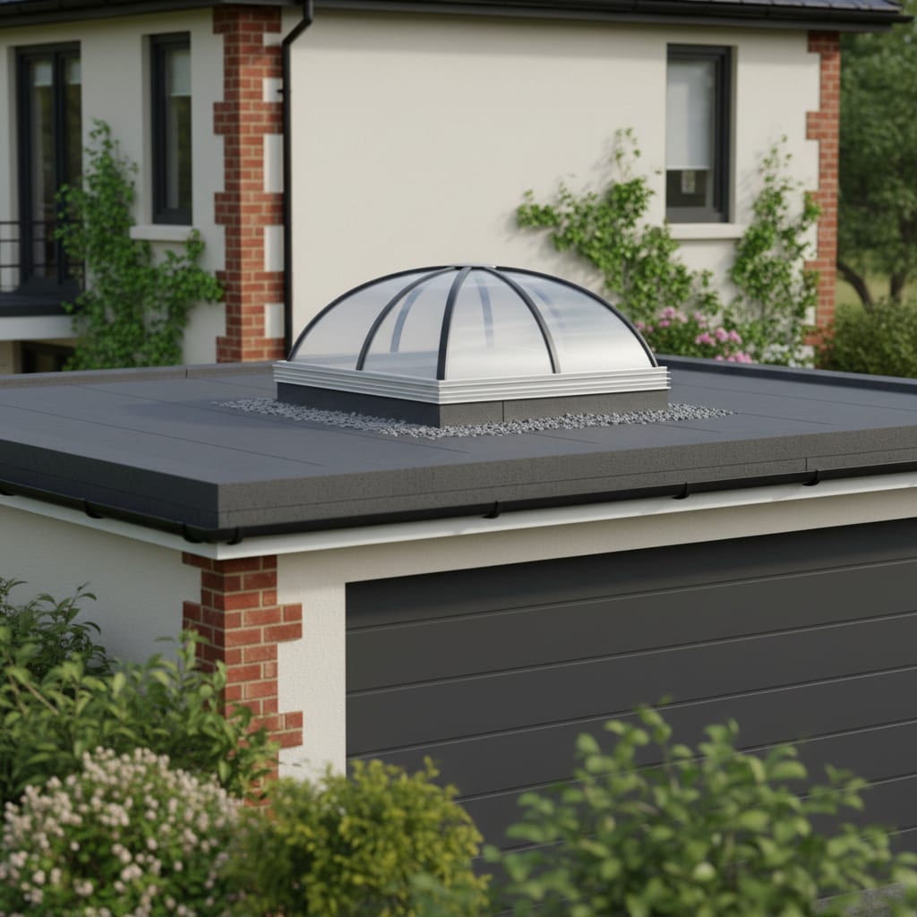 Polycarbonate dome skylight on a flat roof
