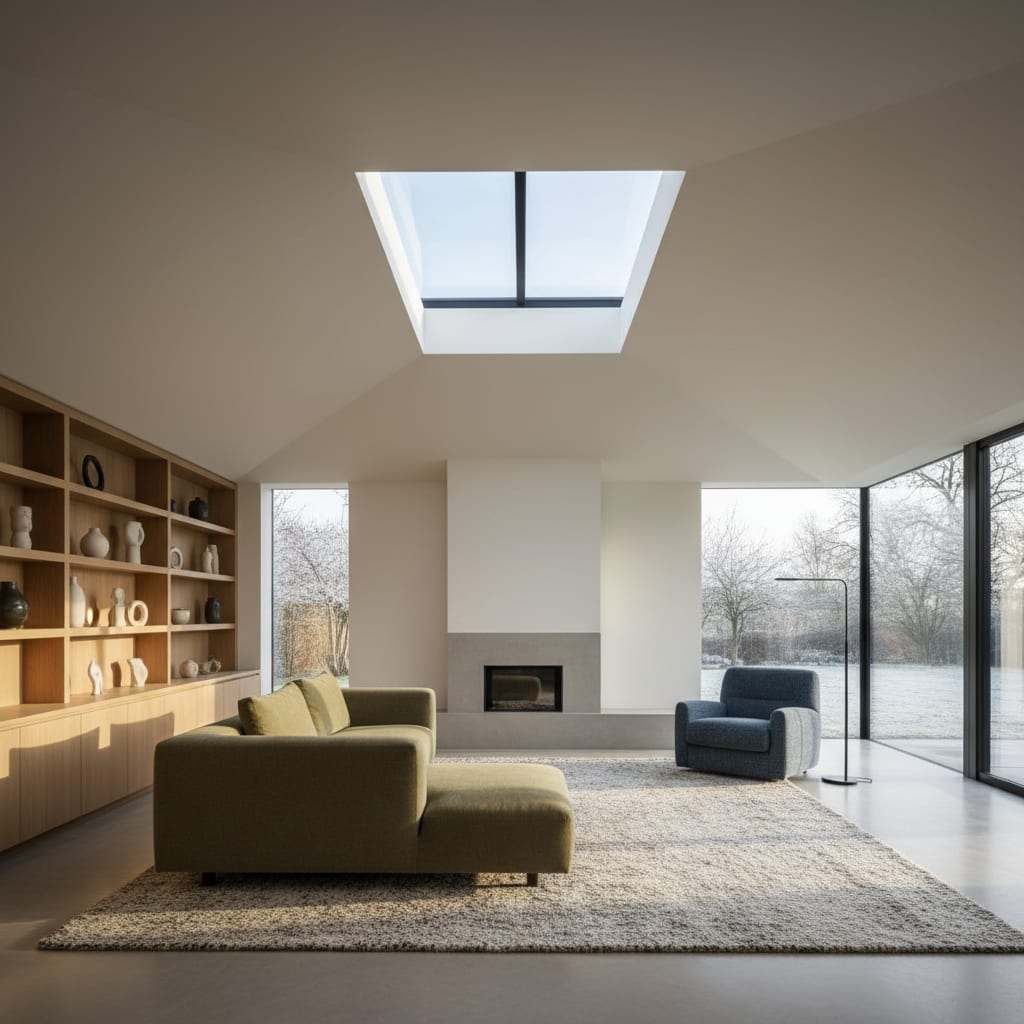 Energy efficient triple-glazed skylight in a warm bright room