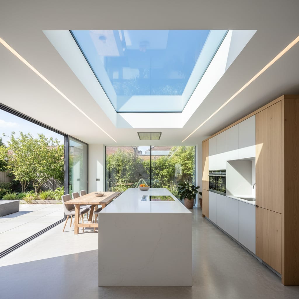 Flat rooflight in a bright modern open-plan room